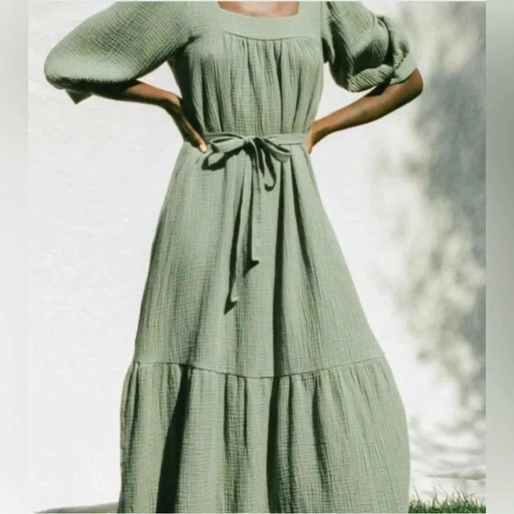 Christy Dawn Bianca Organic Cotton Gauze Midi Dress Sage Green Tiered S